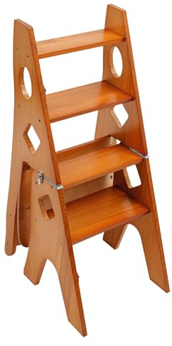 QIERF 4-Stufen Klappbarer Tritthocker 2-in-1 Holz Trittleiter und Stuhl Klappbar Holztrittleiter 100kg Tragfähigkeit Sicherheitsverriegelung für Küche, Wohnzimmer (Karamellfarbe, 34 * 44.5 * 87cm)