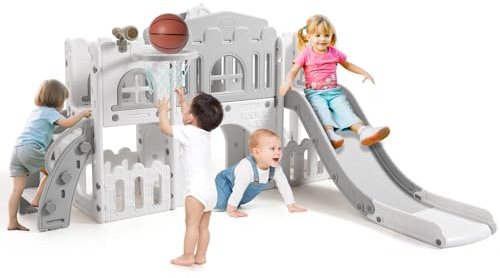 Baloveby Toboggan 8 en 1 pour Enfant, Toboggan Intérieur avec Panier De Basket, Espace De Cache-Cache, Échelle d'escalade, Télescope Et Tunnel De Jeu, Aire De Jeux pour Enfants