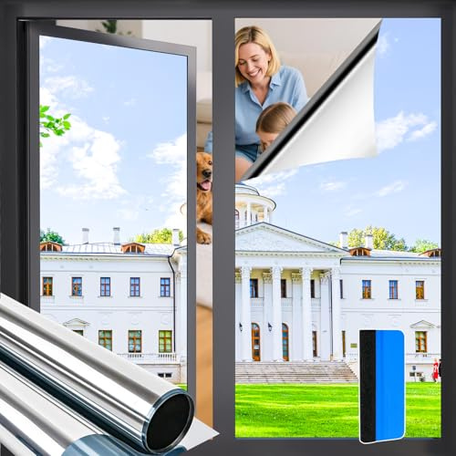 Zindoo Vinilos para Cristales Efecto Espejo Vinilo Adhesivo Cristal 44.5x200cm con Kit de Montaje Anti UV Anti Calor Unidireccional con Protección de Privacidad para Hogar Oficina Balcón Tienda