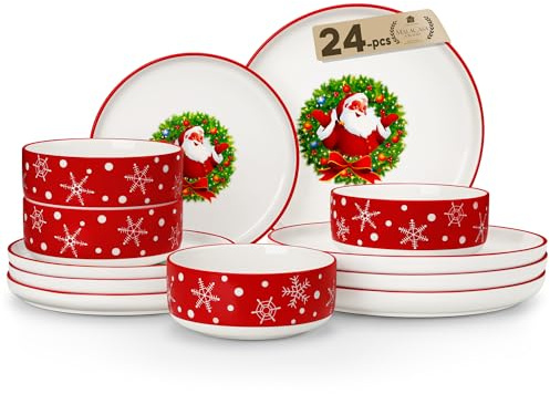 MALACASA 24-Piece Christmas Dinner Set for 8, Santa Claus Ceramic Plates and Bowls Set with Dinner Plates/Dessert Plates/Cereal Bowls, Holiday Tableware for Festive Celebrations