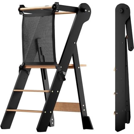 COSYLAND Lernturm ab 1 Jahr – Learning Tower 2-Fach höhenverstellbar & klappbar – Lernstuhl in Schwarz/Natur für Kinder – Montessori Stehturm aus Bambus – sicherer Tritthocker mit Kippschutz