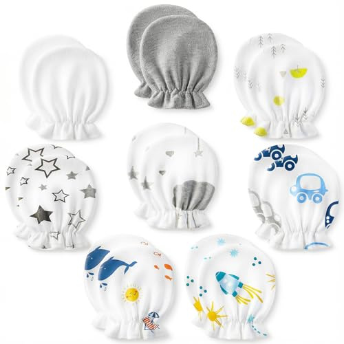 8 Pairs Newborn Baby Mittens No Scratch, Cotton Infant Baby Gloves Newborn Essentials for 0-6 Months (Grey+multi)