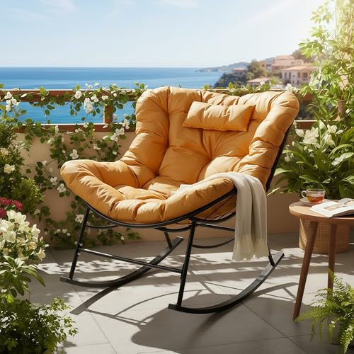 CCLIFE Schaukelstuhl Extra Groß 150 kg mit Kopfstütze Orange Relaxsessel | Extra großer Schaukelsessel mit Kopfstütze, bis 150 kg belastbar, für Wohnzimmer, Lesen, Entspannen und ruhige Pausen