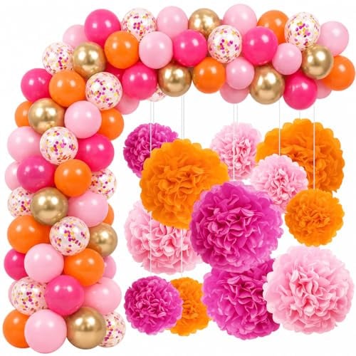 73 Piezas Decoraciones Fiesta Naranja Y Rosa, Globos Bicolores | Pompones Papel Seda, globos látex helio para celebraciones diversas