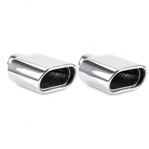 AMiO 2x 02190 Auspuffblende - Chrom Silber Oval Schräg Universal, 33-50mm | Anschluss, Edelstahl Rostfrei, Sport Endrohr, Montage mit Oder Ohne Schweißen, Auto Styling, Auspuffaufsatz