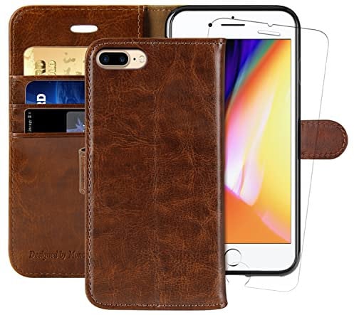 MONASAY Wallet Case for iPhone 7 Plus/8 Plus, 5.5-inch [Glass Screen Protector Included] Flip Folio Leather Cell Phone Cover with Credit Card Holder, Brown