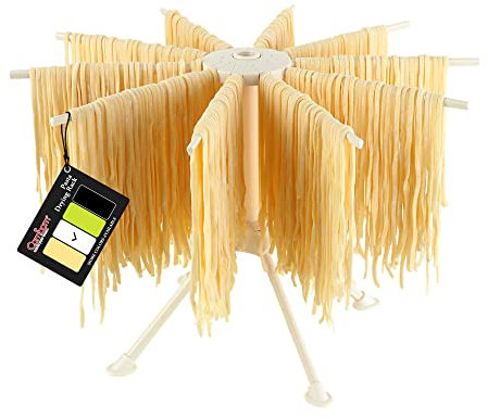 Cambom Foldable Pasta Drying Rack- Plastic Spaghetti Noodle Dryer with 10 Bar Handles (White)