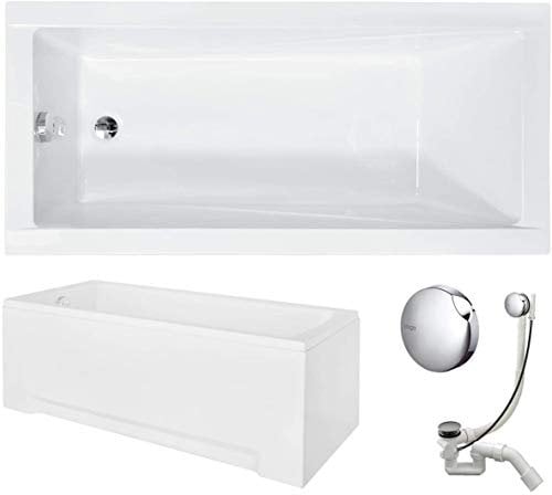 VBChome Badewanne 130x70 cm Acryl SET Schürze Siphon Acrylwanne Wanne Rechteck Weiß Design Modern Wannenfüßen Ablaufgarnitur Chrome