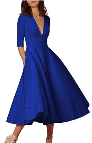 YMING Women's Retro Deep V Neck Dress Elegant Swing Dress 3/4 Sleeve with Pocket Dress Vintage High Waist Party Midi Dress S Blue