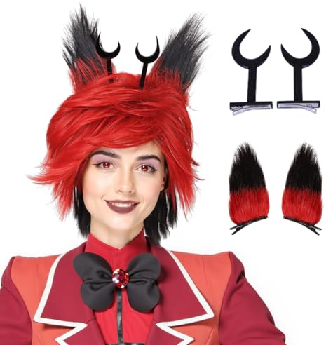 Schwarze und rote Perücke mit Hörnern und abnehmbaren Ohren, Cosplay-Perücke