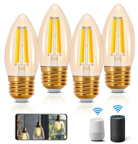 Aigostar Alexa Glühbirne E27 Edison Glühbirne 4.5W 470LM Dimmbare Retroglühbirnen C35 Smart Lampe Wlan Dimmbar 2700K-6500K App Steuern Kompatibel mit Alexa und Google Assistant. Bernstein 4 Stück