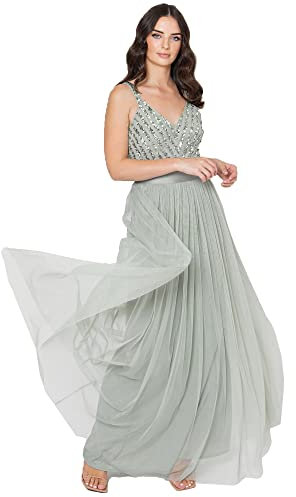 Maya Deluxe Damen Maya Deluxe Women's Maxi Dress Long Wedding Guest Bridesmaid Ball V Neck Wide Straps Brautjungfernkleid, Green Lily, 38 EU