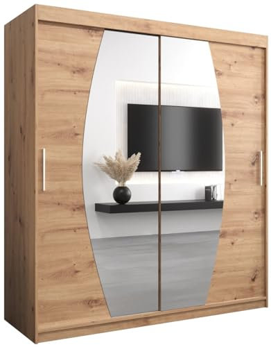 MEBLE KRYSPOL Elypse 180 Schlafzimmerschrank mit Zwei Schiebetüren, Spiegel, Kleiderstange und Regalen – 180x200x62cm - Artisan