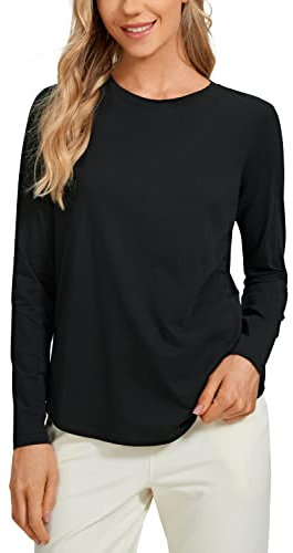 CRZ YOGA Damen Pima Baumwolle Yoga Langarmshirt Leichte Crew-Ausschnitt Sport Tshirt Lässig Pullover Fitness Oberteile Schwarz 42
