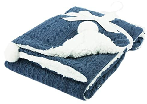 Baby Wickeldecke mit Zopfmuster, weiche Sherpa-Rückseite, Kinderwagendecke, weich, Stahlblau, 75 cm x 90 cm
