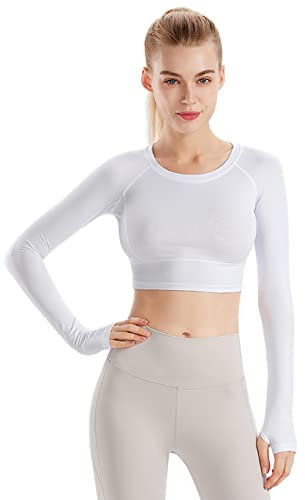 Damen Fitness Nahtlos Langarm Crop Tops Training Yoga Fitnessraum Laufend Daumenloch Hemden Weiß S