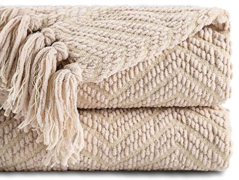 Battilo Beige Überwurfdecken für Couch, Bett, Sofa, strukturiert, solide, weich, gestrickte Überwurfdecke mit Quasten, warme, gemütliche Couchdecke, große Überwürfe für Heimdekoration, 150 x 200 cm