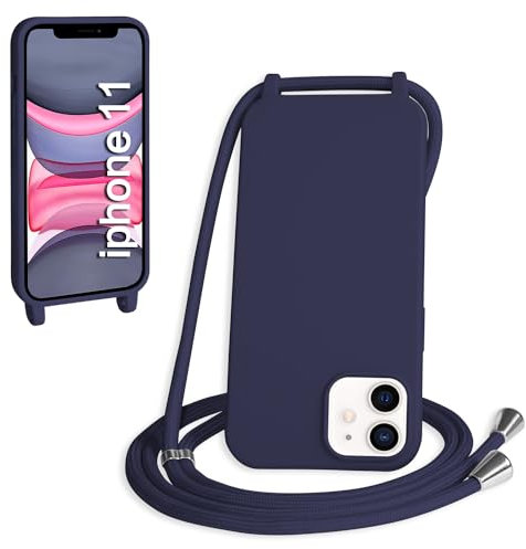 WenBaby Funda con Cuerda para iPhone 11, Líquida Silicona Carcasa con Cordón Ajustable Collar Correa de Cuello, Cubierta Prueba Golpes con Microfibra Forro (Azul Oscuro)