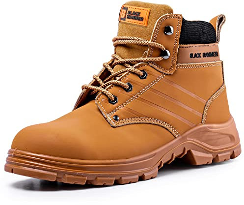 BLACK HAMMER Scarponcino Antinfortunistico Uomo Scarpe da Lavoro per Trekking Lavoro Scarponi Uomo Resistenti Comodi Supporto Caviglia Puntale Acciaio ad Alta Protezione Pelle Scamosciata 6007 (47 EU)