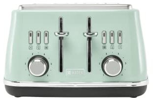Haden Cotswold Sage Green 4 Slice Toaster – Stainless Steel Toaster 4 Slice - Adjustable Browning Control - Reheat and Defrost Functions - Wide Slots - Removable Crumb Tray - 1640-1960W