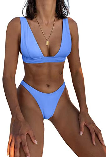 Hatant Bikini-Sets für Damen, zweiteiliger Badeanzug, V-Ausschnitt, Push-Up-Triangel-Oberteil mit hoher Taille, Bikini, Strandkleidung, Lack Blue, XS