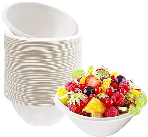 ATBEAMEN 50Pcs Strong Disposable Paper Bowls,8oz 220ml Disposable Sugarcane Bagasse Bowls White Super Rigid Biodegradable & Compostable Bowls,Plastic Bowls Party,Soup,Dessert Bowl,Sturdy Paper Bowls