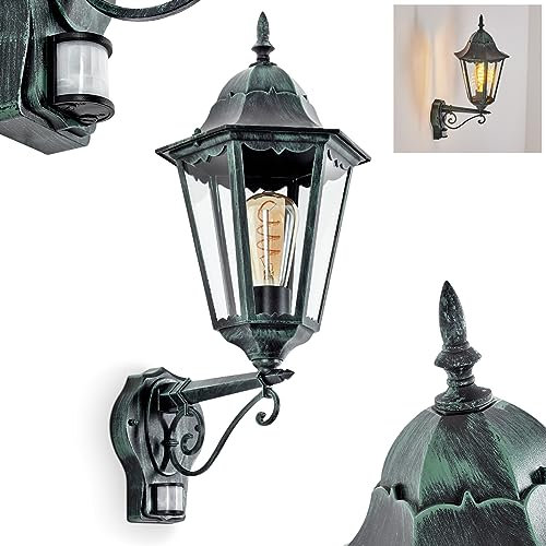 Außenwandleuchte Hongkong, Wandlampe mit Bewegungsmelder in antikem Look aus Metall/Glas in Schwarz-Grün/Klar, Wandleuchte im Retro/Vintage Design, Außenleuchte für Terrasse, E27, ohne Leuchtmittel