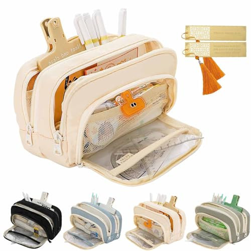 CLOUDEMO Big Capacity Pencil Case, 3 Compartments Simple Storage Aesthetic Pencil Case, Large Capacity Pencil Pouch, Kawaii Pencil Case Organizer for Women and Girls (Beige)
