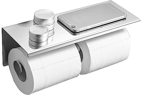 Porte-papier toilette avec étagère pour téléphone, distributeur mural en acier inoxydable pour salle de bain (double rouleau, argenté)