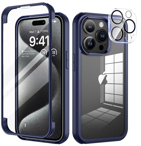 seacosmo für iPhone 15 Pro Max Hülle mit eingebautem Panzerglas Displayschutz und Kamera Schutzfolie [9H HD], 360 Grad Handyhülle Ganzkörper Stoßfeste iPhone 15 Pro Max Case - Blau