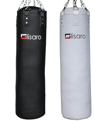 Lisaro Premium Boxsack gefüllt/ungefüllt | geeig. für Jede Sportart | inkl. 6er - Punkt – Stahlkette | Boxen & MMA | Kampfsportarten (weiß, gefüllt)