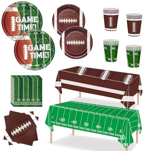 Xindtek Football Party Supplies Kit Serve 24, Including Dinner Plates Dessert Plates Napkins Cups Plastic Touchdown Tablecloth for Football Birthday Party Football Gameday Tailgate (Large)