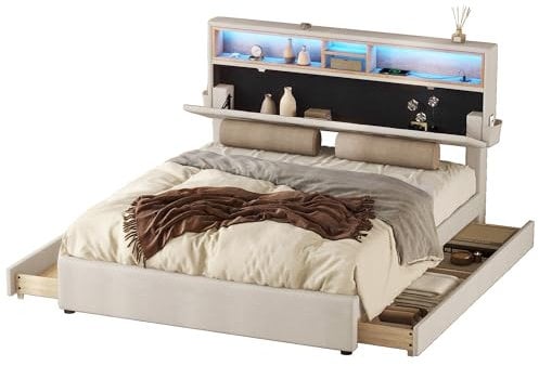 Azkoeesy Polsterbett 140 x 200 cm mit Stauraum, LED Bett mit 4 Schubladen und Ablage, USB-Ladefunktion, Kopfteil und Lattenrost, Doppelbett, Jugendbett, Leinen-Bezug, Beige