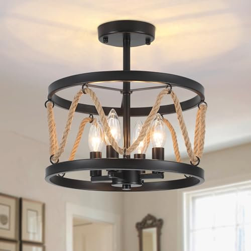 ASHUAQI Black Ceiling Lights Living Room, 4 Lights Rustic Industrial Semi Flush Mount Light Fittings Ceilings, Chandeliers Ceiling Light for Kitchen, Bedroom, Hallway, Dining Room, Lounge