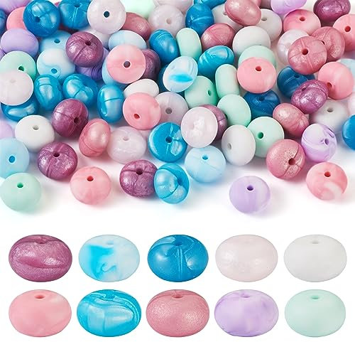 FASHEWELRY 100Pcs Rondelle Silicone Beads Colorful Abacus Silicone Beads Loose Spacer Charms for Necklace Bracelet Keychain Jewelry Making