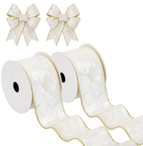 Hollyone 2PCS Weiß Samtband 6.3cm x 10yds, Vintage Weihnachtsband für Geschenkverpackungen, breites Geschenkband für Weihnachtsdekoration, Kranzschleifen Dekoration Handwerk Hochzeit Geburtstag