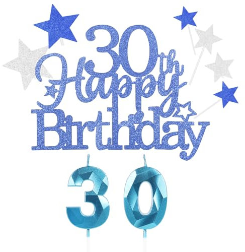 Personalised Happy 30th Birthday Cake Topper Set - Blue Number Candles, Star Cupcake Toppers, Cake Decorations for Her Him Boy Men Women (Set 9)