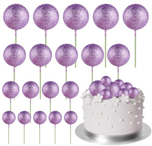 ASTARON 20 Pcs Ball Cake Topper Decorations Mini Balloons Cake Topper Sticks Glitter Purple Balls Cake Picks Cake Topper Balls Cake Decorations for Birthday Cake Decorations