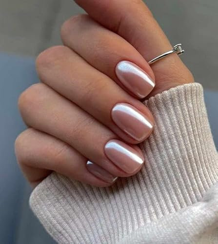 MouyouGlow Press on Nails Kurz,Square Nude Natürliche Chrome Sheer Hailey Bieber Glazed Donut Fake Nails mit Nagelkleber,Natural Künstliche Fingernägel …