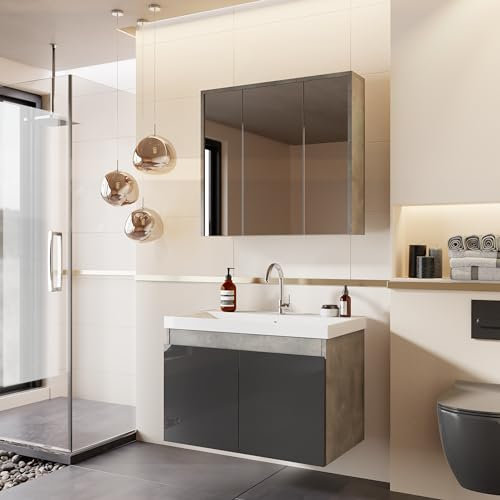 KAREN banyo Badmöbel Set Alfa 50 Anthrazit | Keramikwaschbecken mit Unterschrank | Spiegelschrank | Softclose-Türen & unsichtbare Griffe | Badezimmer Möbelset Waschbeckenunterschrank Waschtisch