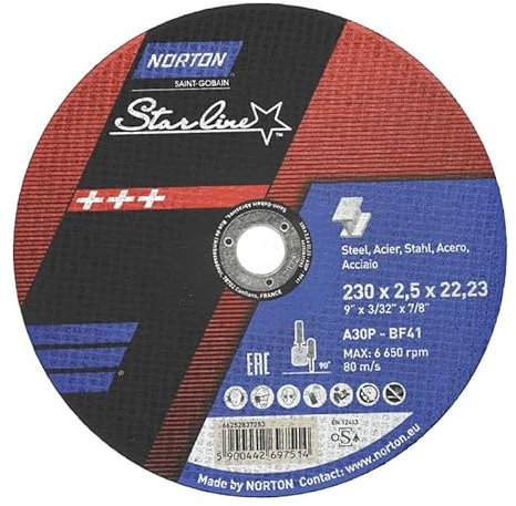 Disque à tronçonner STARLINE Ø230x2.5x22.23 mm pour acier et inox - NORTON 66252837253