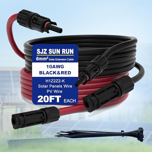 Solar Extension Cable 10 Gauge Solar Panels Wire 20Ft 10AWG (6mm²) PV Wire SJZSUNRUN Tinned Copper Wire with 2 Pairs Solar MC4 Connectors for Outdoor Automotive, Marine, (20Ft Black& 20Ft Red)