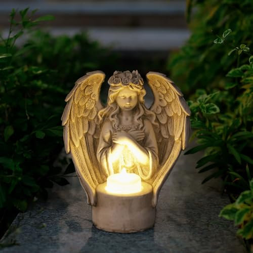 Tuzsocr Engel Gartenstatuen - Betende Engel Kerzenhalter, Schutzengel-Figur mit LED-Teelichter-Kerzenhalter, Wetterfest Grabschmuck für Friedhof, Harz Deko Rasen, Hof, Terrasse, Fensterbank, 19,5cm