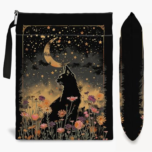 Cat Book Sleeve,Book Covers for Paperbacks,Book Sleeves with Zipper, Book Pouch Cat Lover Gifts,Cat Themed Gifts for Women Teacher Daughter Graduation Birthday Gifts (Black Cat and Flower, Large)