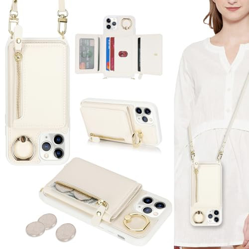 ELTEKER Handyhülle für iPhone 11 Pro Max Hülle mit Band Kartenfach Ringhalterung Geldbörse,Leder Klapphülle Umhängetasche Handytasche für iPhone 11 Pro Max - weiß