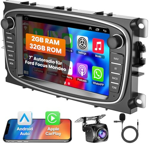 Car Radio Android Stereo for Ford Focus II C-MAX S-MAX Galaxy II Kuga Mondeo Built in Wireless CarPlay Android Auto Radio, Bluetooth Audio Receiver 7 Screen GPS Navi Backup Camera WiFi FM RDS SWC