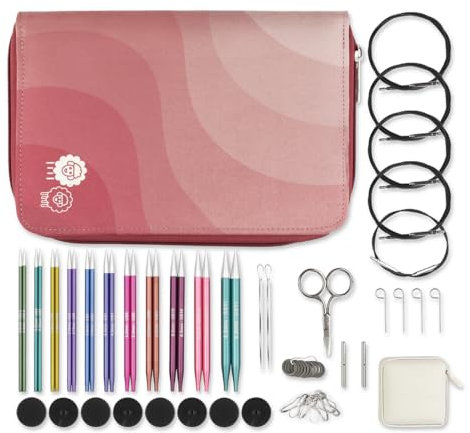 KnitPro Zing austauschbares Nadelset – Paar Rundstricknadeln 11 x 13 cm mit Zubehör Zing Regal Set, farbcodiert für Anfänger, Profis und Geschenkset