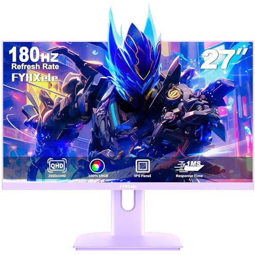FYHXele Gaming Monitor Purple 27 Zoll 2K 180hz QHD (2560X1440) IPS 1ms MPRT 16:9 Violett PC Monitor Eingebaute Lautsprecher Unterstützung 144hz/165hz/180hz AMD Freesync Premium DP1.4 HDMI2.0 VESA