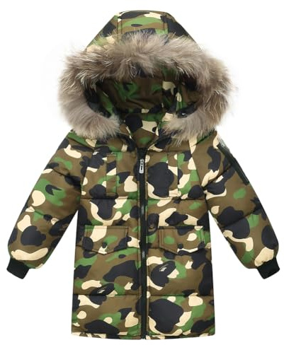 Valcatch Garçon Manteau Camo D'hiver, Manteau Chaud en Duvet Matelassé pour enfants avec Capuche Amovible en Fausse Fourrure, Parka Résistant à L'eau pour Le Ski en Plein Air, 2-7 Years Teenage