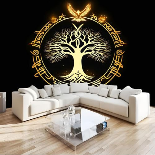 Noir 3D Papier Peint Panoramique Arbre De Vie Viking Décoration Murale Enfant Pour Chambre, Salon & Bureau - Facile À Poser (Décoration Maison) 350 X 256 Cm